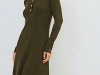 Вязаное платье с воротником поло на пуговицах, Зеленый