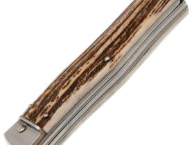 Автоматический многофункциональный нож Mikov Predator, сталь 420, рукоять рог оленя, чехол из кожи