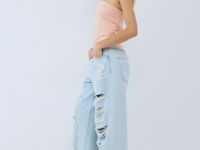Широкие джинсы с рваным дизайном, Голубой