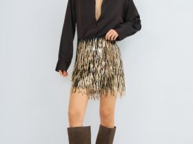 Мини-юбка с длинными пайетками, Золотой