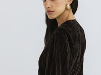 Блузка из жатого бархата с поясом, Коричневый