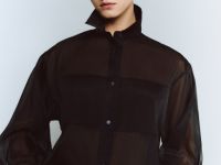 Полупрозрачная блузка из органзы с тонким поясом, Черный