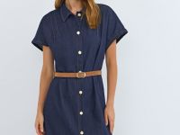 Платье-рубашка из денима с ремнём, Синий