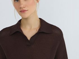 Джемпер поло из ажурной пряжи, Коричневый