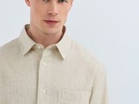 Рубашка изо льна и хлопка с карманом, Бежевый