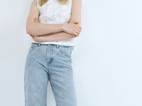 Широкие джинсы на высокой посадке в цветочный жаккард, Голубой