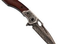 Складной нож Витязь, сталь дамаск, рукоять дерево, художественное травление