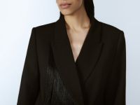 Двубортный жакет с отделкой из бахромы, Черный