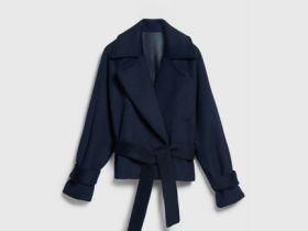 Короткое пальто из шерсти с поясом, Синий