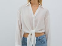 Блузка из вискозы с узлом-завязкой, Белый