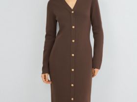 Вязаное облегающее платье, Коричневый