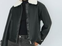 Утеплённая куртка из искусственной кожи с меховым воротником, Черный