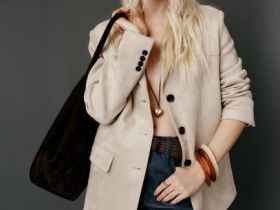 Однобортный жакет из искусственной замши, Бежевый