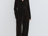 Блузка из жатого бархата с поясом, Коричневый