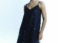 Платье с пайетками и декором в виде цветов, Черный