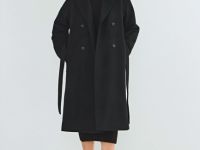 Длинное двубортное пальто с поясом, Черный