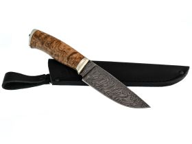 Шкуросъёмный нож Гид, сталь дамаск, рукоять карельская береза