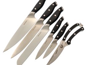 Набор кухонных ножей Okroshka Tartar в подставке, 5 ножей + ножницы, сталь 5cr15mov, рукоять сталь/пластик