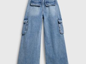 Широкие джинсы с карго-карманами для девочек, Голубой