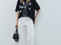 Футболка с цветочным декором из пайеток, Черный