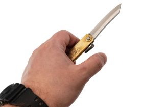 Нож складной Higonokami Nagao Kanekoma, 80мм, сталь Aogami Damascus 3 слоя, рукоять латунь черная