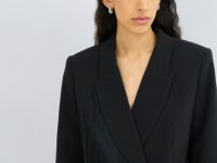 Двубортный жакет с отделкой из бахромы, Черный