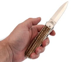 Автоматический многофункциональный нож Mikov Predator, сталь 420, рукоять рог оленя, чехол из кожи