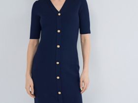 Вязаное платье с V-вырезом, Синий