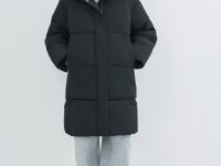 Длинный стёганый пуховик с капюшоном, Черный