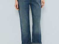 Прямые джинсы средней посадки с отворотами, Синий