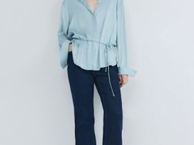 Блузка из сатина с поясом, Зеленый