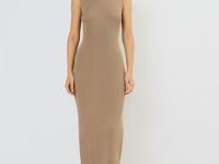 Вязаное платье в рубчик с воротником-стойкой, Коричневый