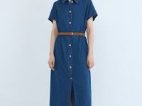 Платье-рубашка из денима с ремнём, Синий