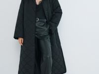 Длинное стёганое пальто с поясом, Черный