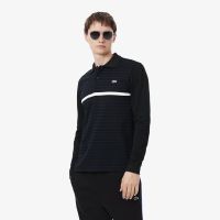 Мужское поло Lacoste классического кроя в полоску из ткани пике с длинным рукавом