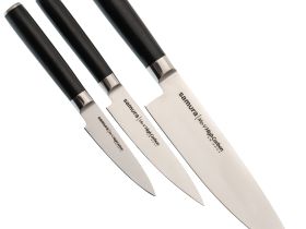 Набор из 3-х кухонных ножей Samura Mo-V в подарочной коробке  "Поварская тройка", сталь AUS-8, рукоять G10