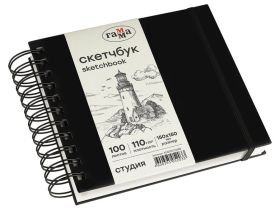 Скетчбук на спирали Гамма "Студия" 15х15 см 100 л 110 г, черный, твердая обложка, на резинке, слон