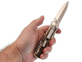 Автоматический многофункциональный нож Mikov Predator, сталь 420, рукоять рог оленя, клипса и штопор