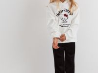 Молочное худи из велюра с ушками и вышивкой Hello Kitty для девочки Глория Джинс