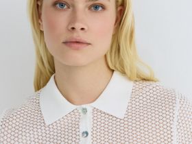 Джемпер поло из ажурной пряжи, Белый