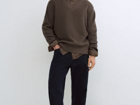 Текстурный джемпер с V-вырезом, Коричневый