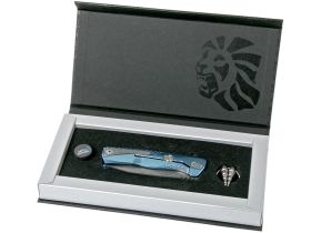Нож складной LionSteel ROK DD BL, дамасская сталь, рукоять титан, синий