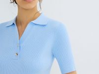 Джемпер в рубчик с воротником-поло, Голубой