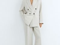 Двубортный жакет из вискозы и льна, Бежевый