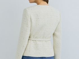 Твидовый однобортный жакет с поясом, Бежевый