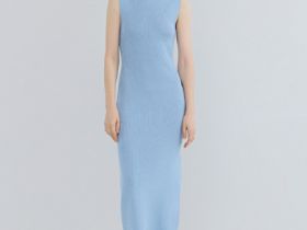 Вязаное платье в рубчик с воротником-стойкой, Голубой