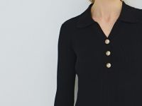 Вязаное платье с воротником поло на пуговицах, Черный