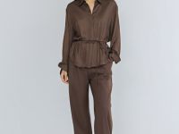 Блузка из сатина с поясом, Коричневый