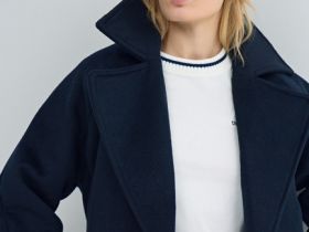 Короткое пальто из шерсти с поясом, Синий