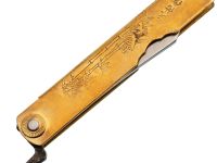 Нож складной Higonokami Nagao Kanekoma, 80мм, сталь Aogami Damascus 3 слоя, рукоять латунь золотая